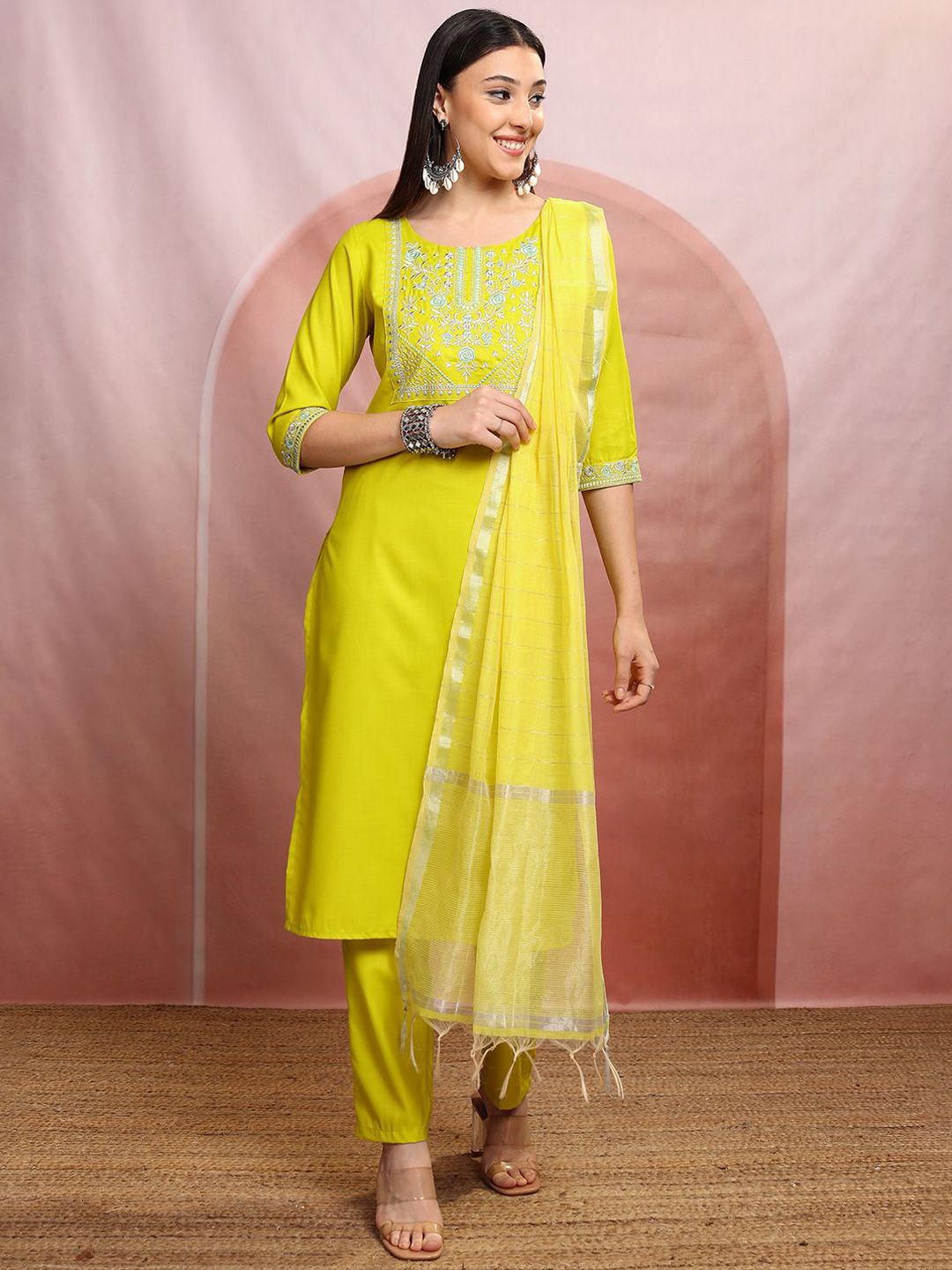 Vishudh Lime Green Floral Yoke Design Thread Work Straight Kurta With Trousers & Dupatta