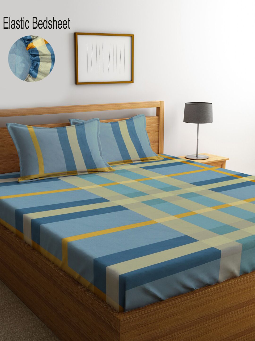 KLOTTHE Blue Geometric 300 TC Fitted Double King Bedsheet Set with 2 pillow coverrs