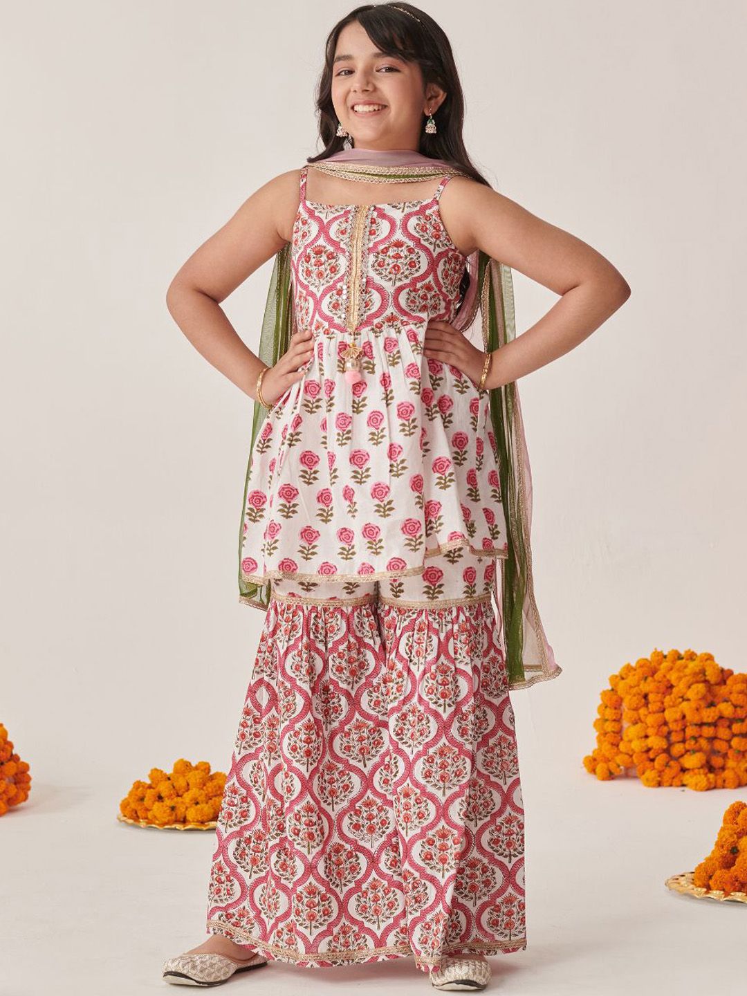 pspeaches Girls Floral Printed Regular Mirror Work Kurta with Sharara & With Dupatta