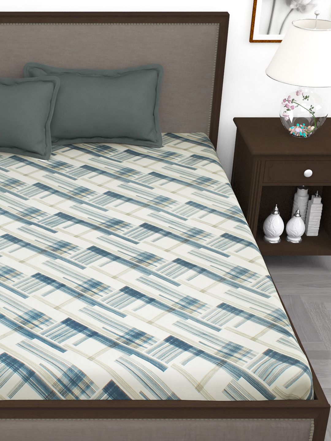 Story@home Off White Blue 210 TC King Bedsheet with 2 Pillow Covers