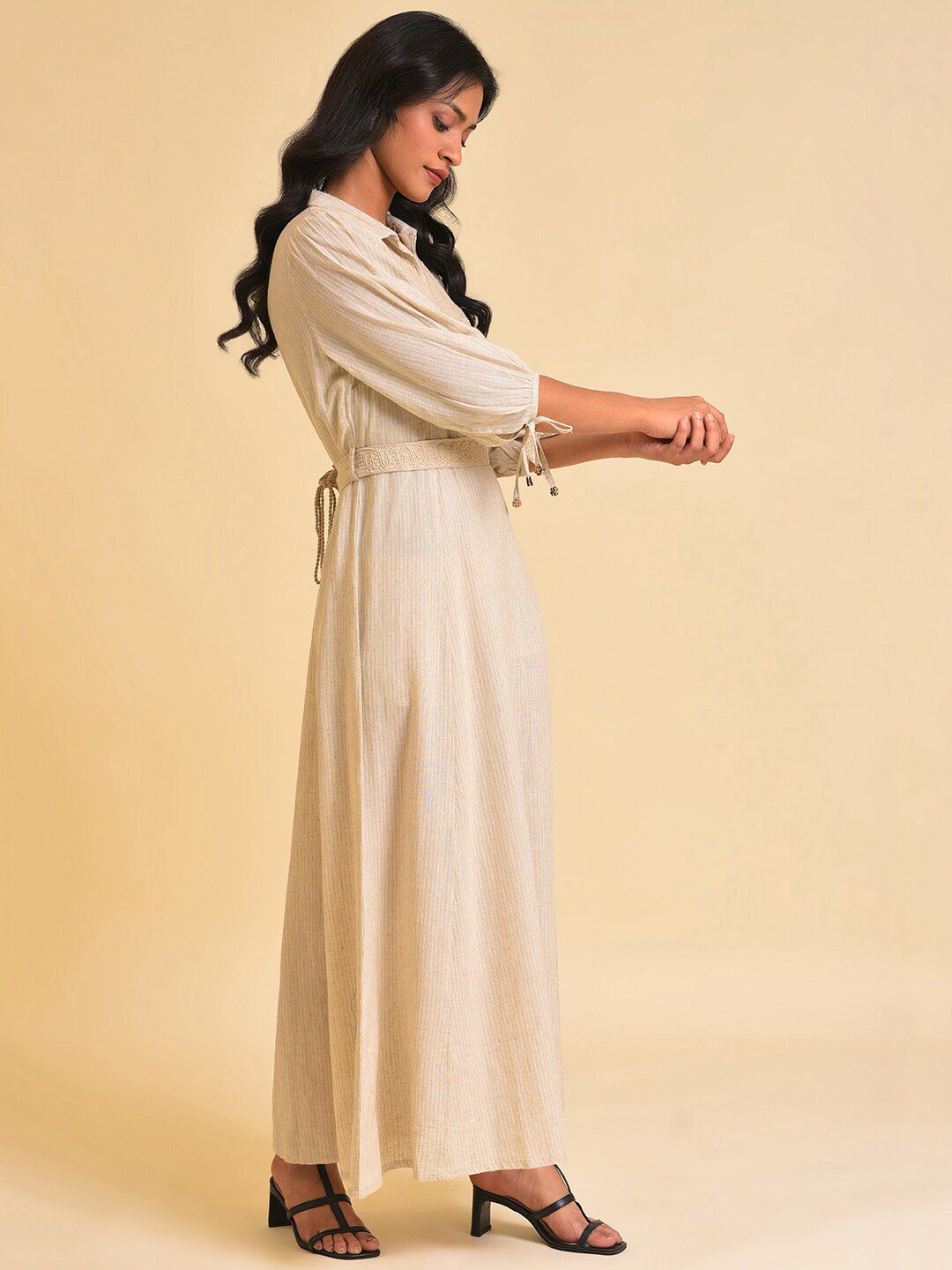 W Off White Floral Embroidered A-Line Maxi Dress With Belt