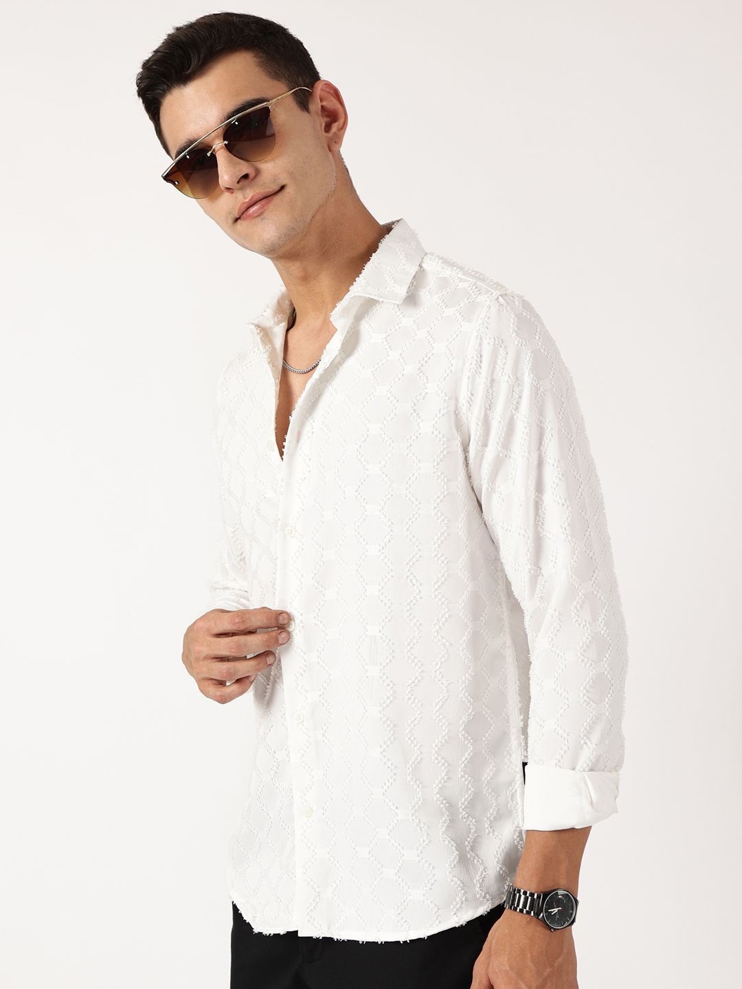 Thomas Scott Men Premium Fit Spread Collar Textured Casual Shirt