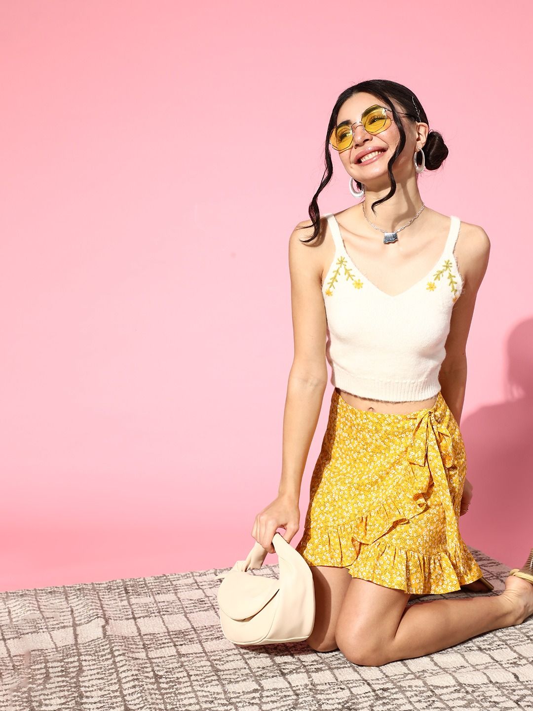 Berrylush Women Yellow Tie-side Ruffle Trim Wrap Ditsy Floral Skirt
