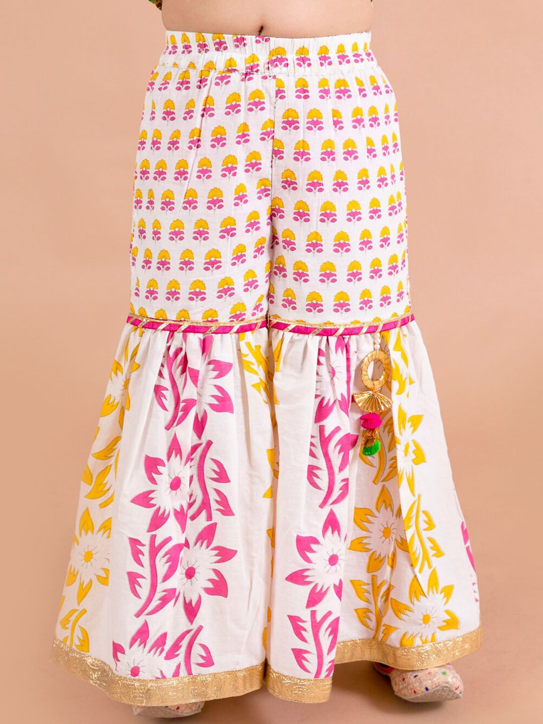 pspeaches Girls Yellow Floral Printed Pure Cotton Kurti with Sharara & With Dupatta