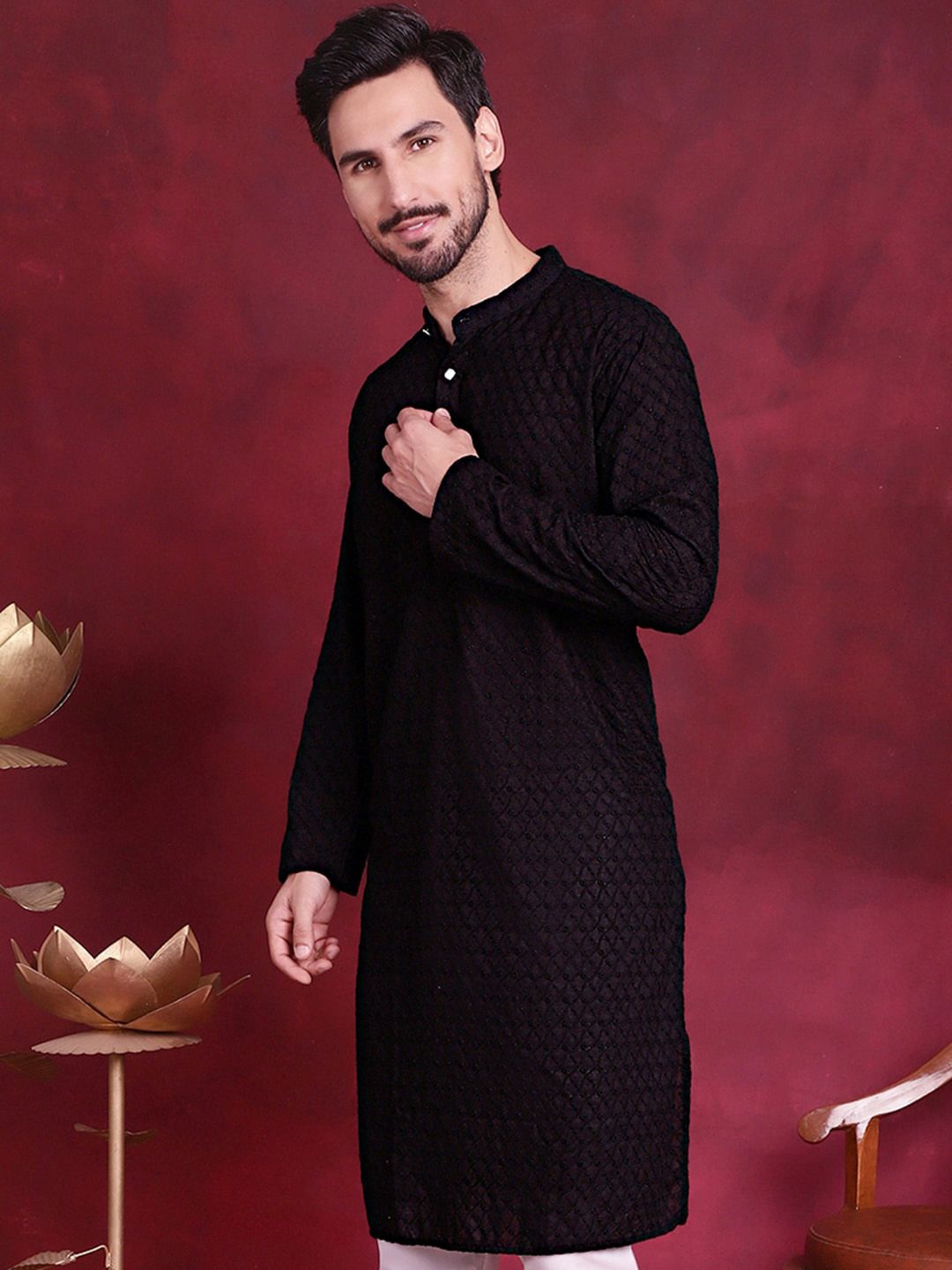 Jompers Geometric Embroidered Band Collar Pure Cotton Chikankari Straight Kurta