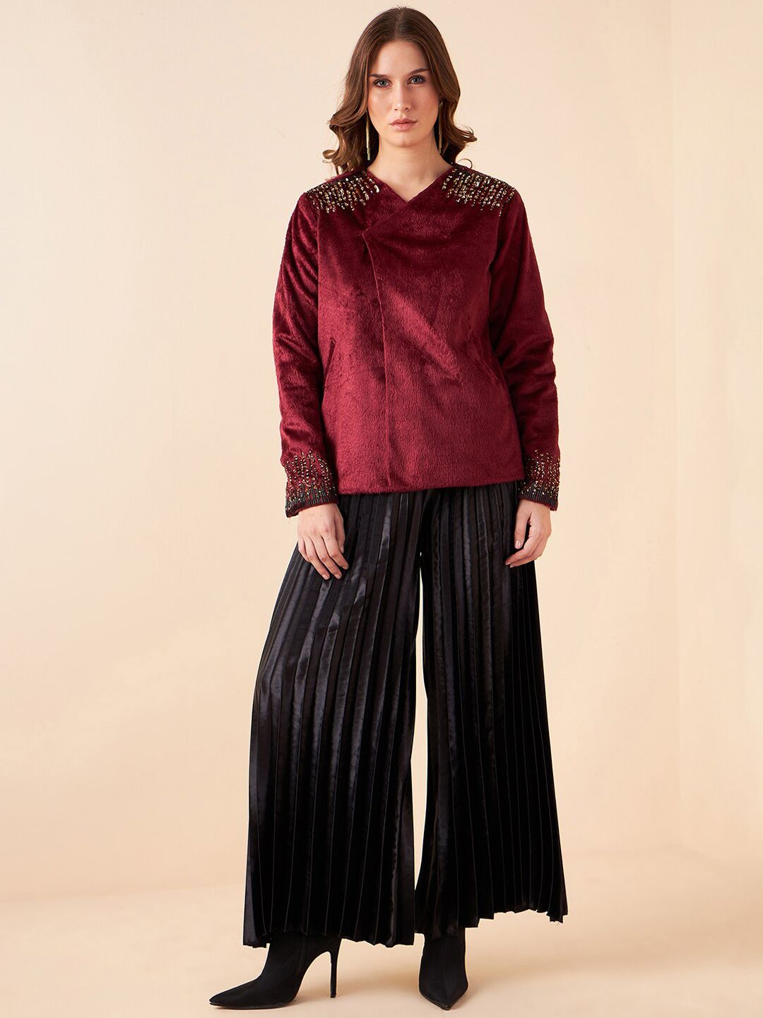 Antheaa Embellished Jacket With Pleated Palazzos