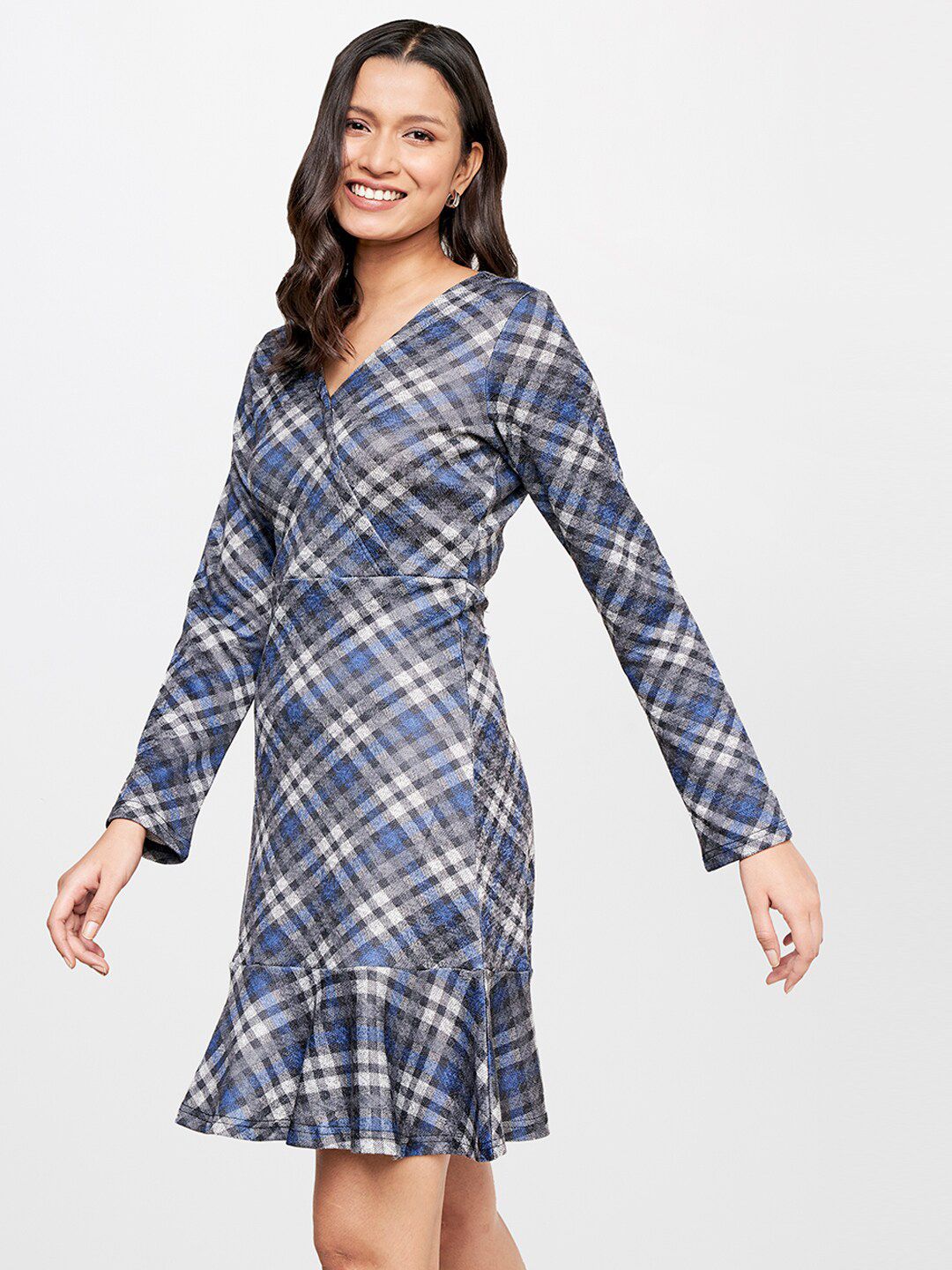AND Checked V-Neck A-Line Dress
