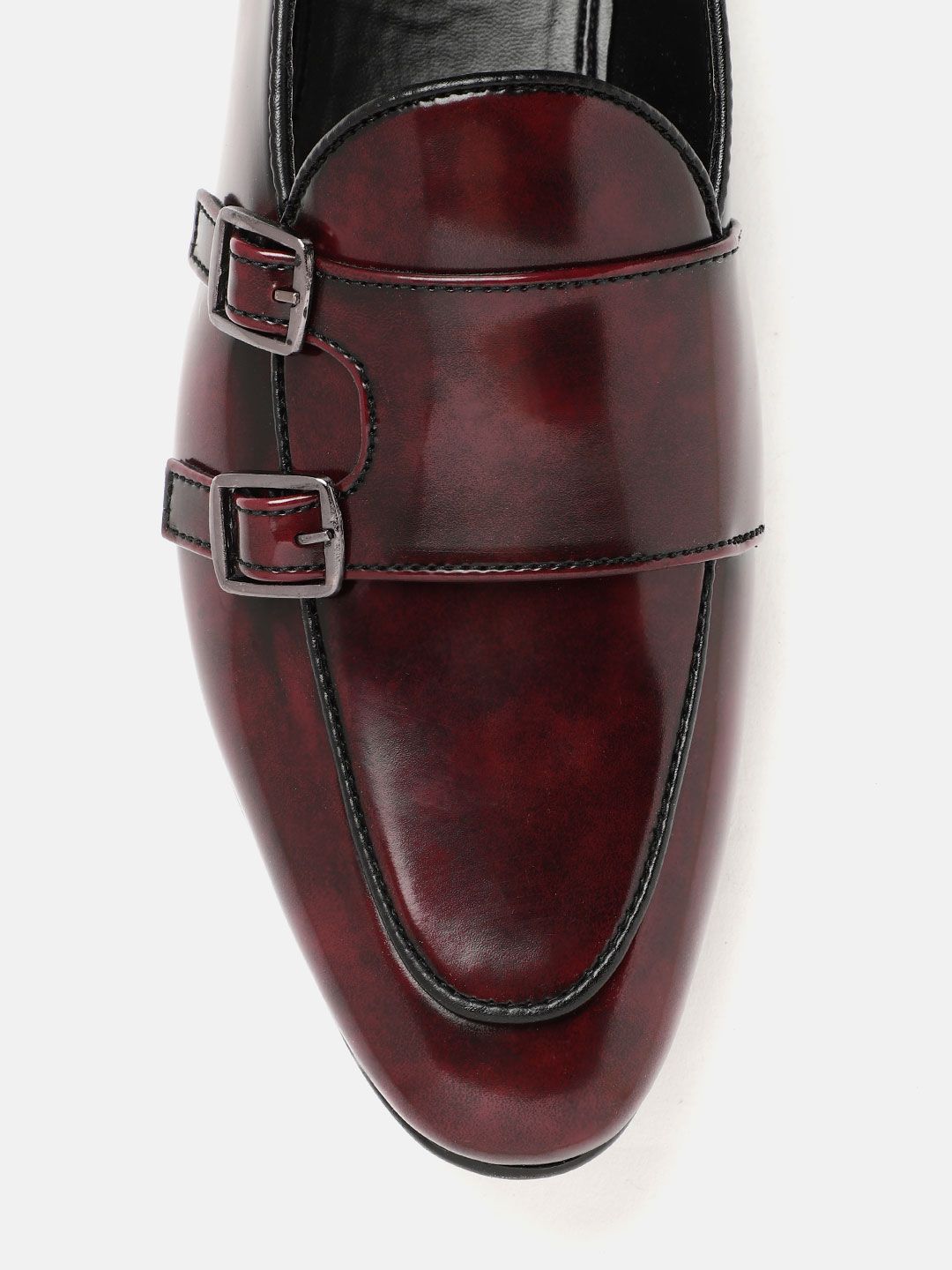 House of Pataudi Men Burgundy Glossy Finish Handcrafted Leather Party Monk Shoes