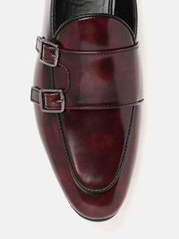 House of Pataudi Men Burgundy Glossy Finish Handcrafted Leather Party Monk Shoes