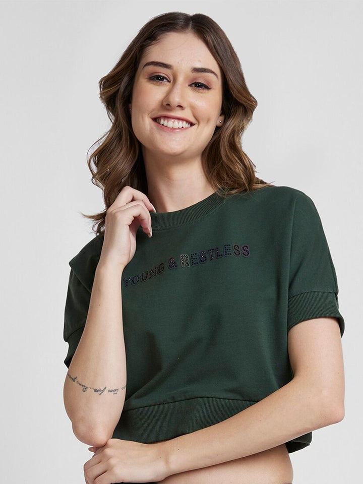 SPYKAR Printed Regular FIt Round Neck Crop Sweatshirt