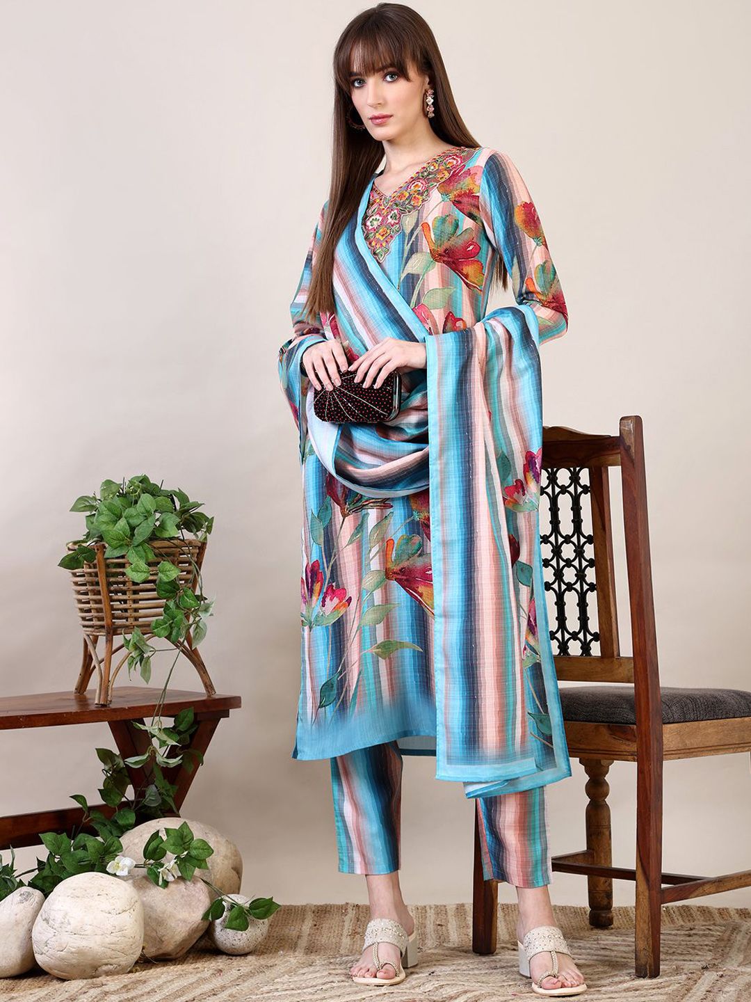 KALINI Floral Embroidered Thread Work Pure Cotton Kurta with Trousers & Dupatta