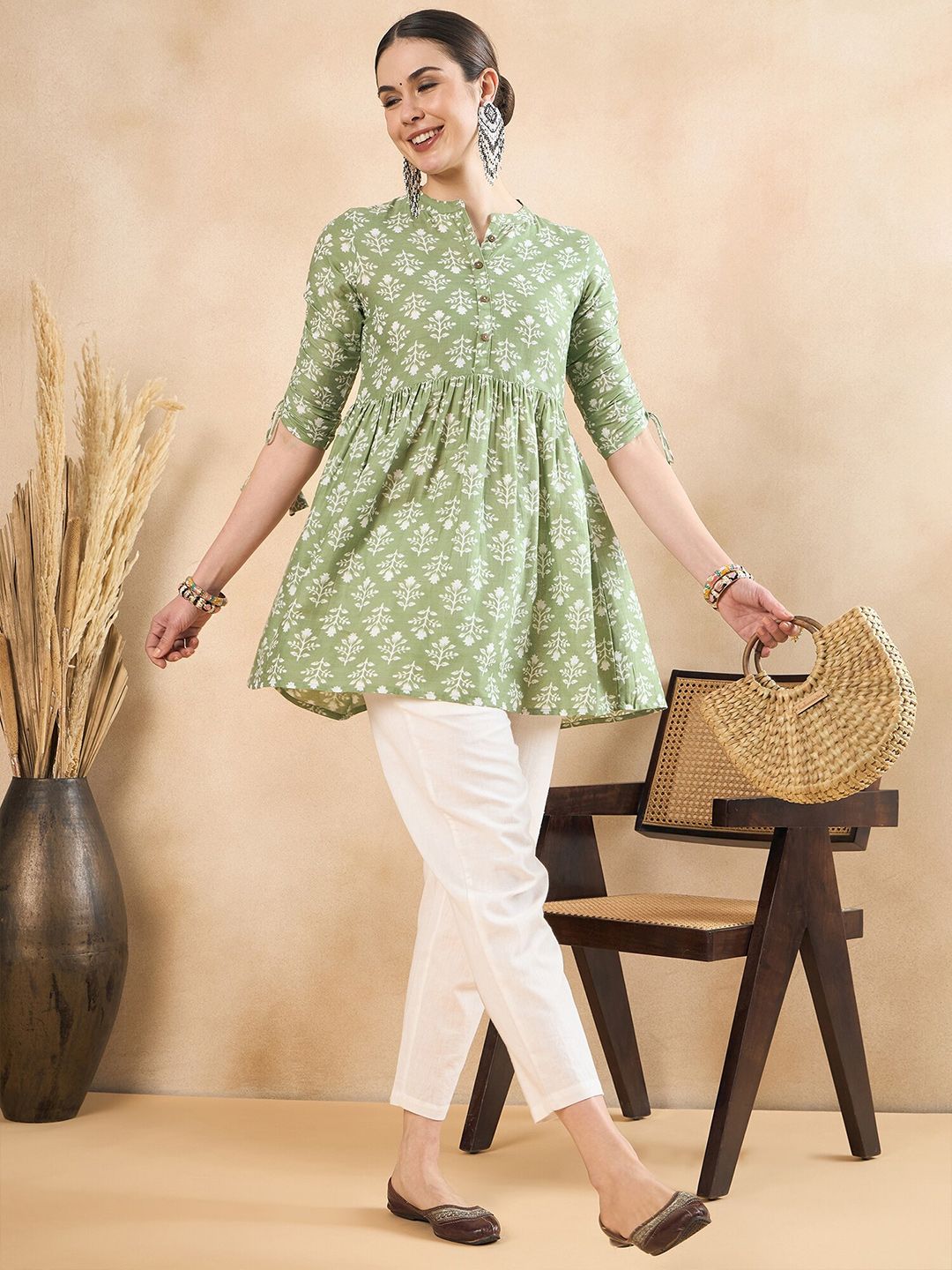 Anouk Floral Printed Ruched Pure Cotton A-Line Short Kurti