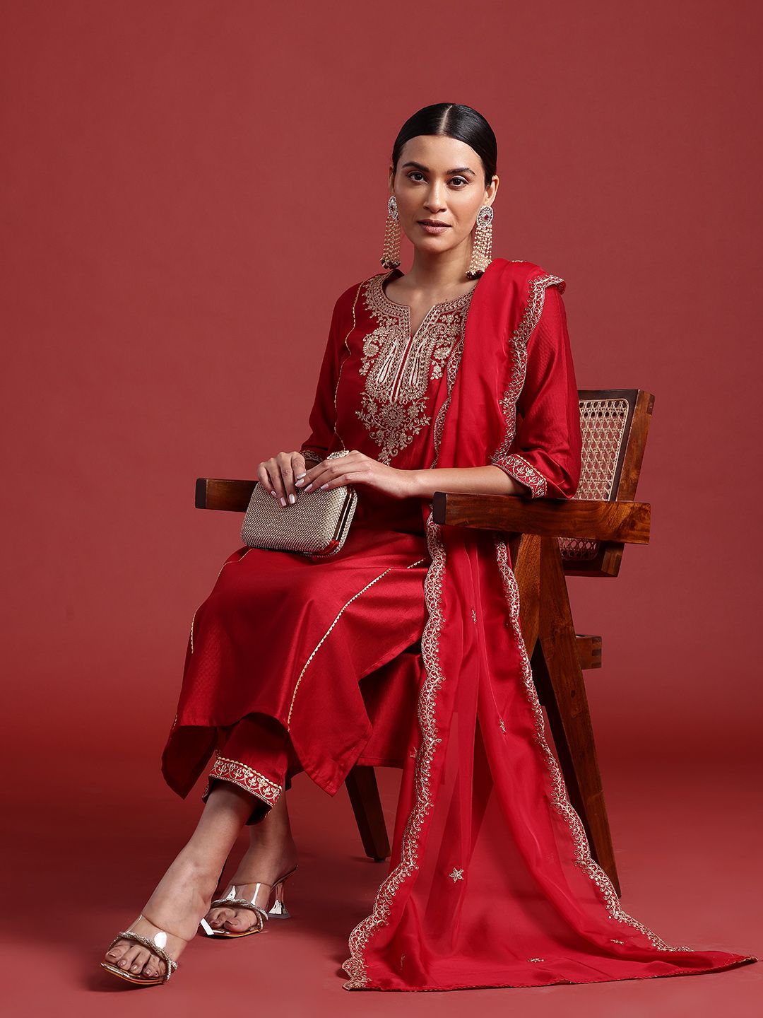 Indo Era Ethnic Motifs Yoke Design Zari Panelled Liva Kurta With Trousers & Dupatta