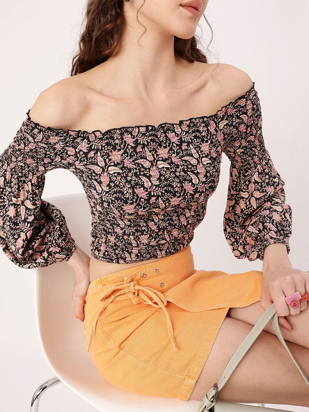 DressBerry Smocked Floral Printed Off-Shoulder Fitted Crop Top