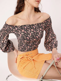DressBerry Smocked Floral Printed Off-Shoulder Fitted Crop Top