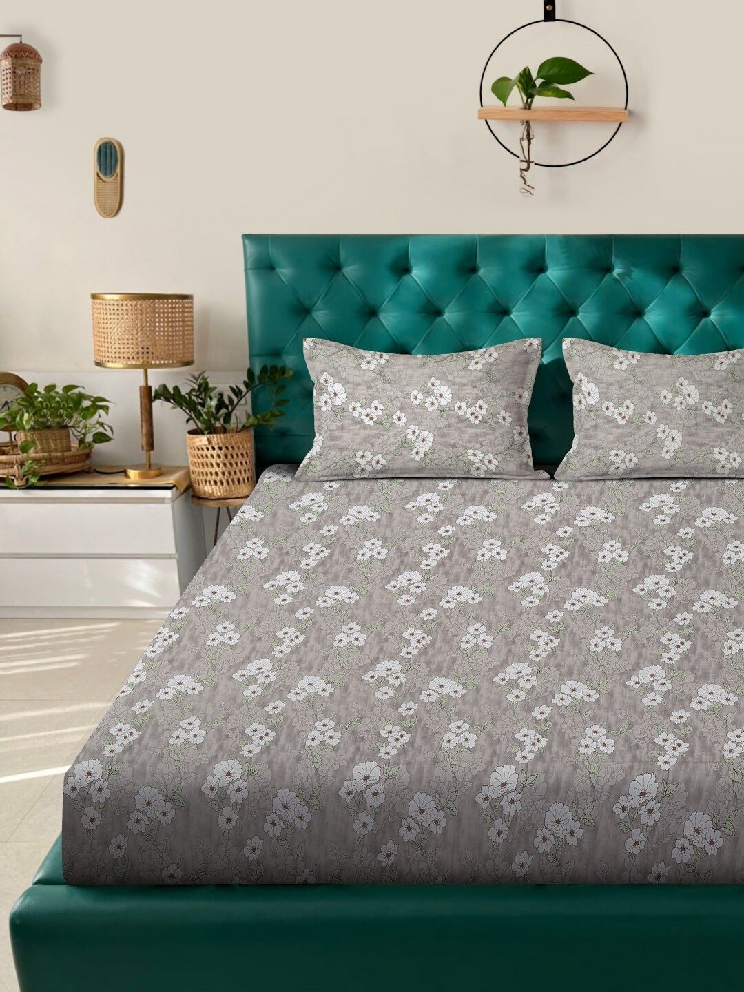 KLOTTHE Grey Floral Pure Cotton 400 TC King Fine Bedsheet dengan 2 Sarung Bantal-98 x 89 inci
