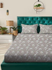 KLOTTHE Grey Floral Pure Cotton 400 TC King Fine Bedsheet dengan 2 Sarung Bantal-98 x 89 inci
