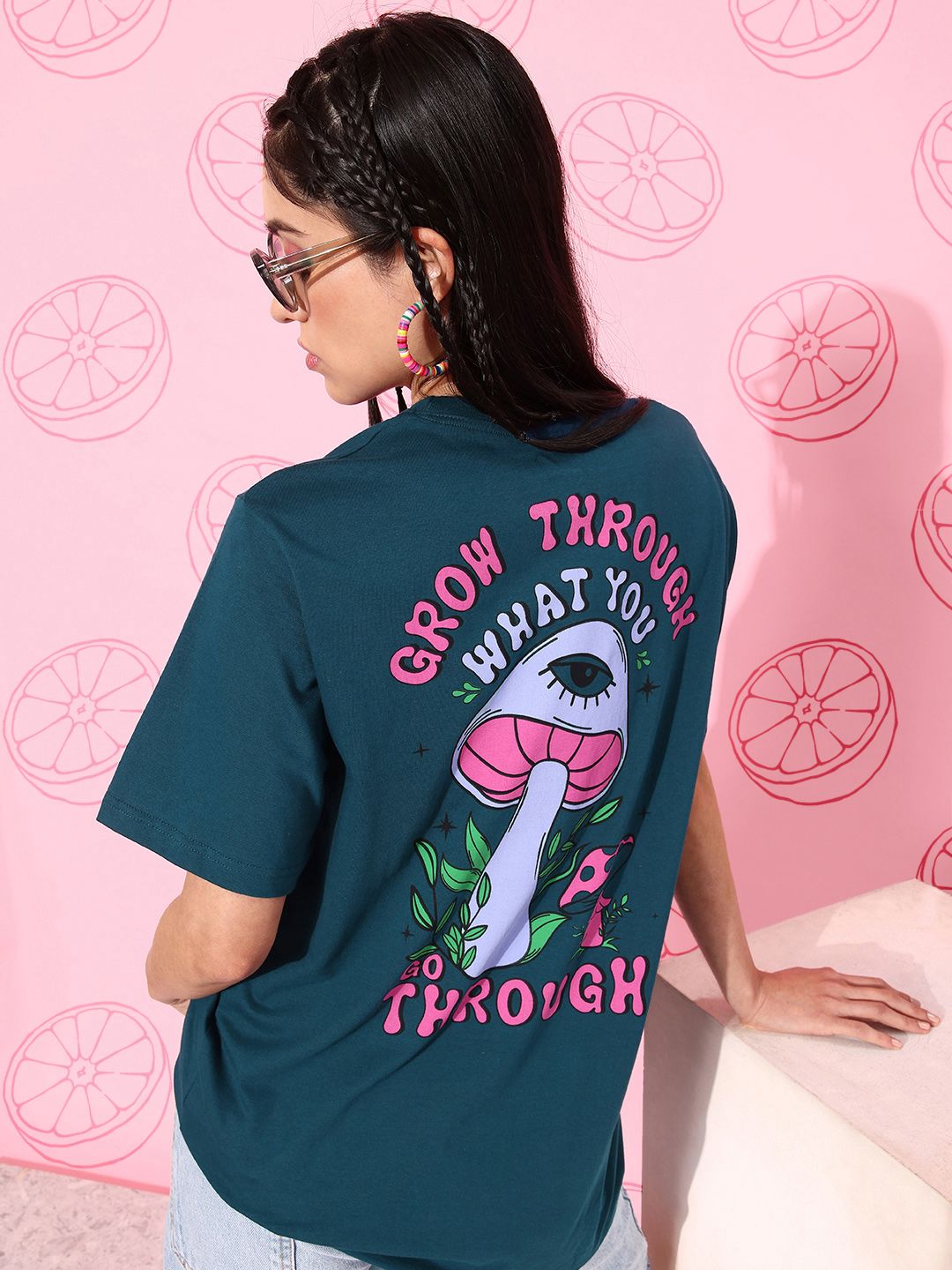 DILLINGER Blue & Pink Printed Oversized Pure Cotton Longline T-shirt