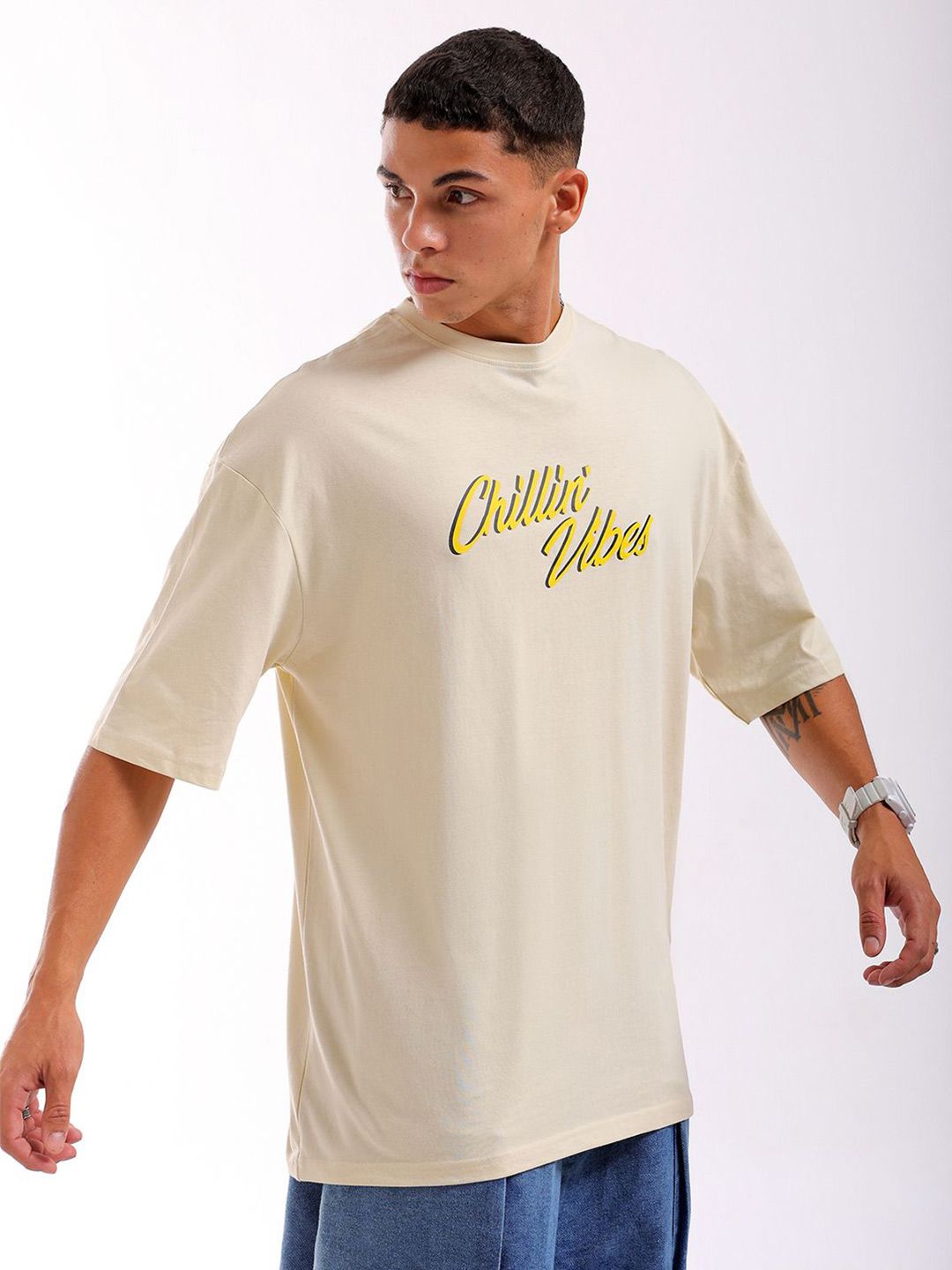 The Indian Garage Co Men Back Printed Oversized Round Neck Pure Cotton T-shirt