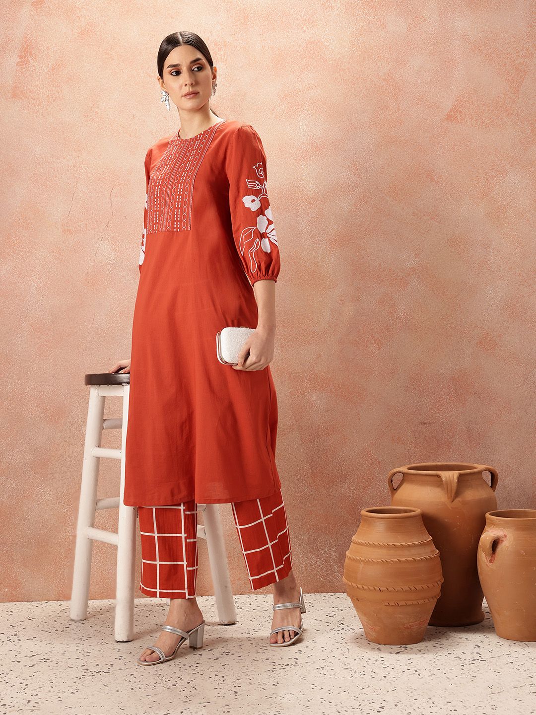 all about you Yoke Design Regular Thread Work Pure Cotton Kurta & Trousers