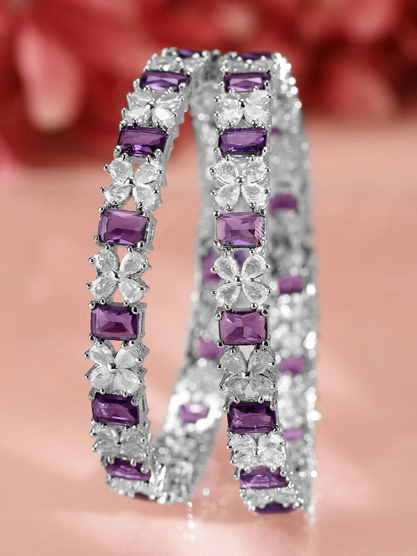 Rubans Set 2 Rhodium-Plated Blue Sapphire & White Cubic Zirconia Studded Bangles