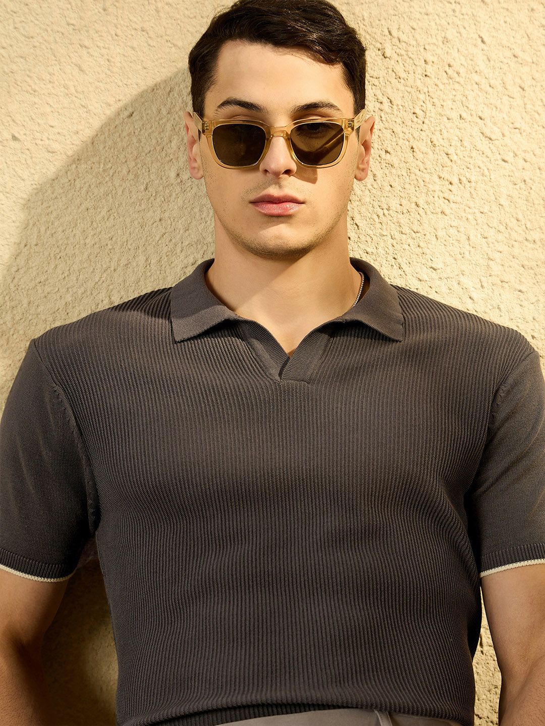 DENNISON Men Textured Polo Collar Knitted T-Shirt