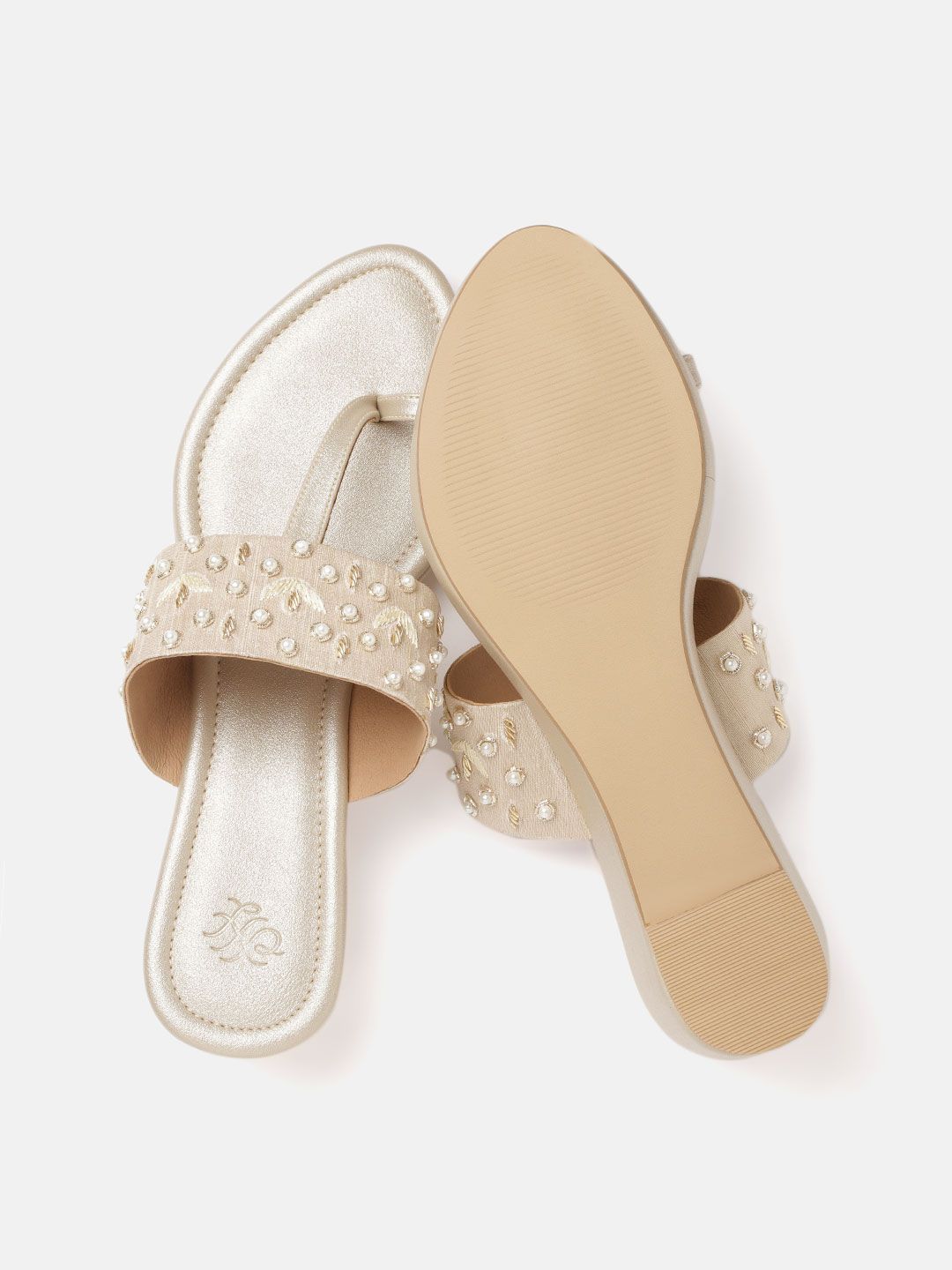 House of Pataudi Women Beige & Off-White Beaded & Embellished Handcrafted Wedges