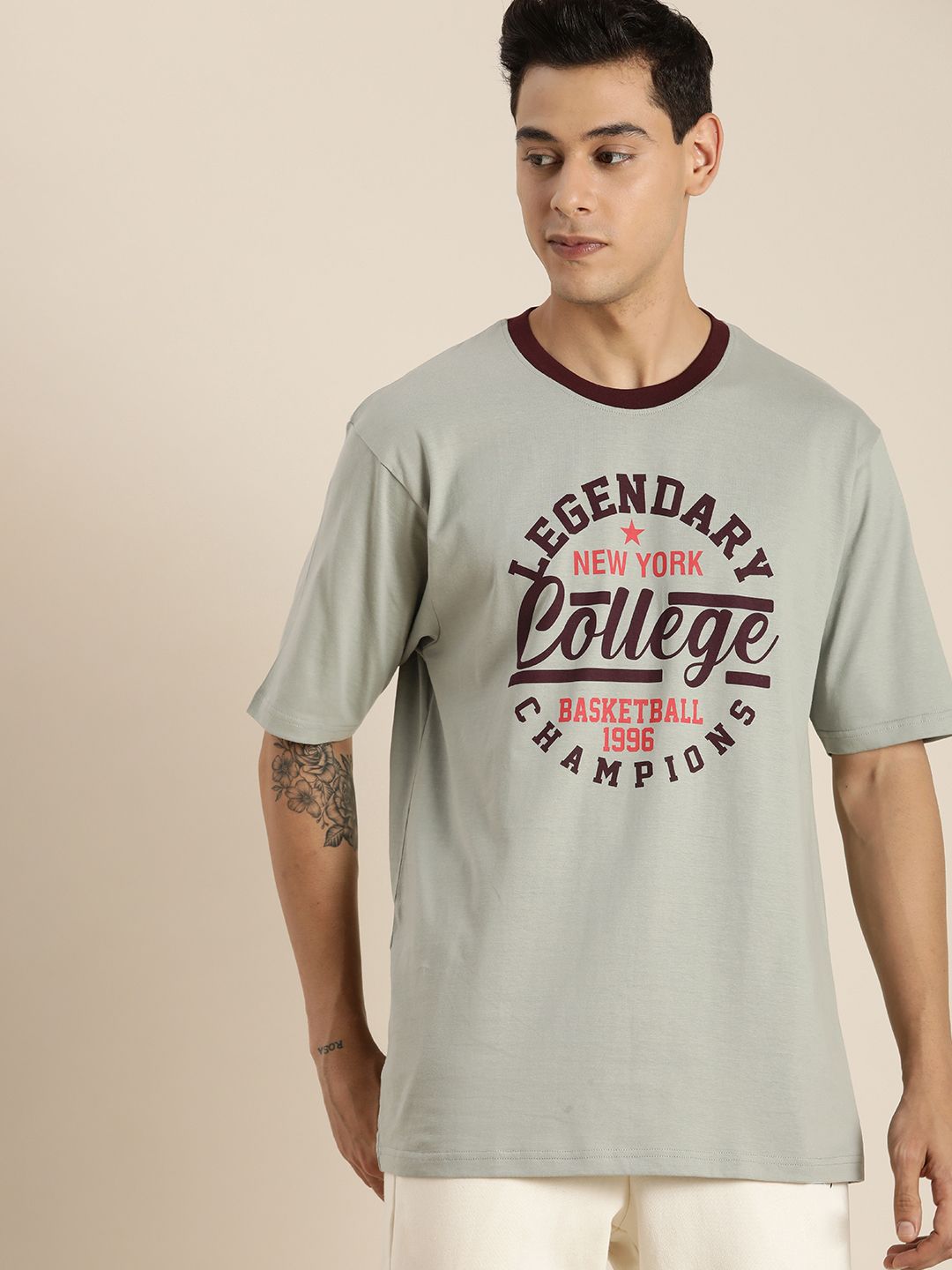 DILLINGER Men Grey & Black Sports Printed Drop-Shoulder Sleeves Pure Cotton Oversized T-shirt