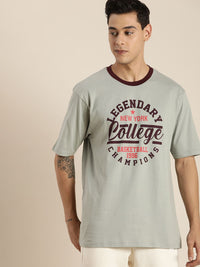 DILLINGER Men Grey & Black Sports Printed Drop-Shoulder Sleeves Pure Cotton Oversized T-shirt