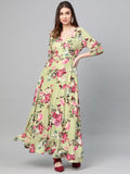 SASSAFRAS Lime Green & Pink Floral Printed Maxi Dress