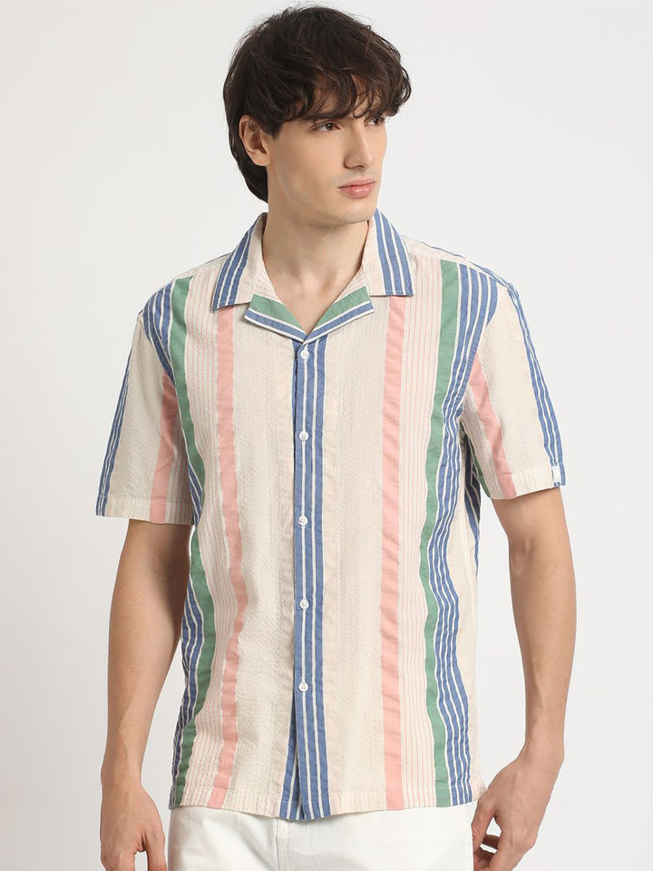 THE BEAR HOUSE Vertical Striped Cuban Collar Pure Cotton Casual Shirt