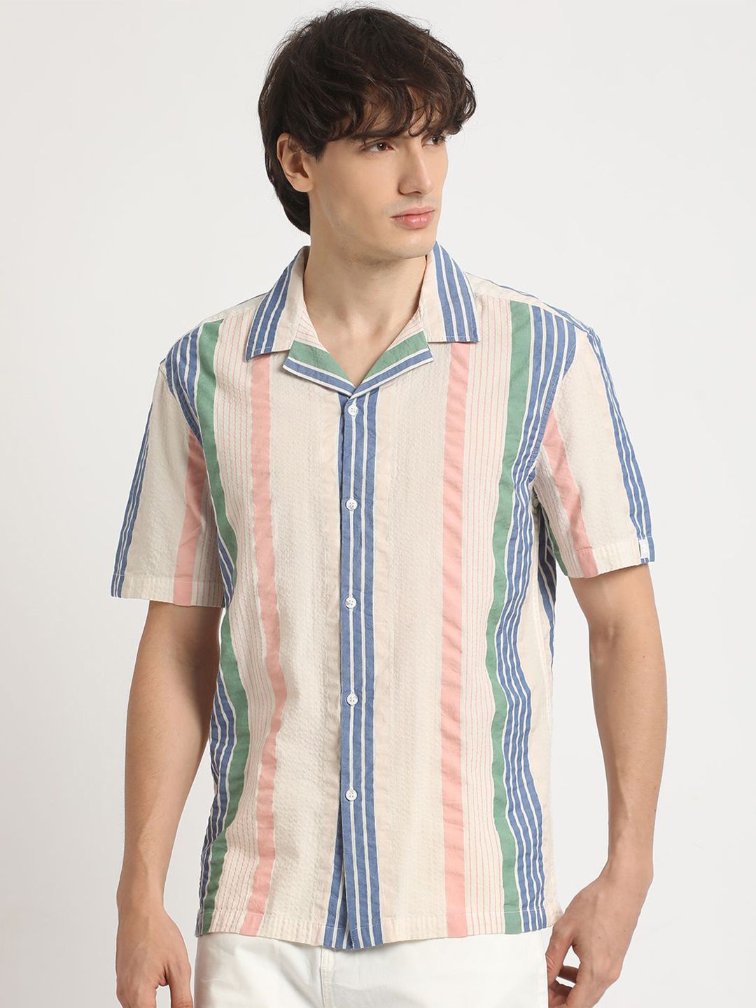 THE BEAR HOUSE Vertical Striped Cuban Collar Pure Cotton Casual Shirt