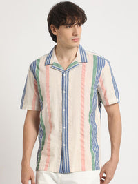 THE BEAR HOUSE Vertical Striped Cuban Collar Pure Cotton Casual Shirt