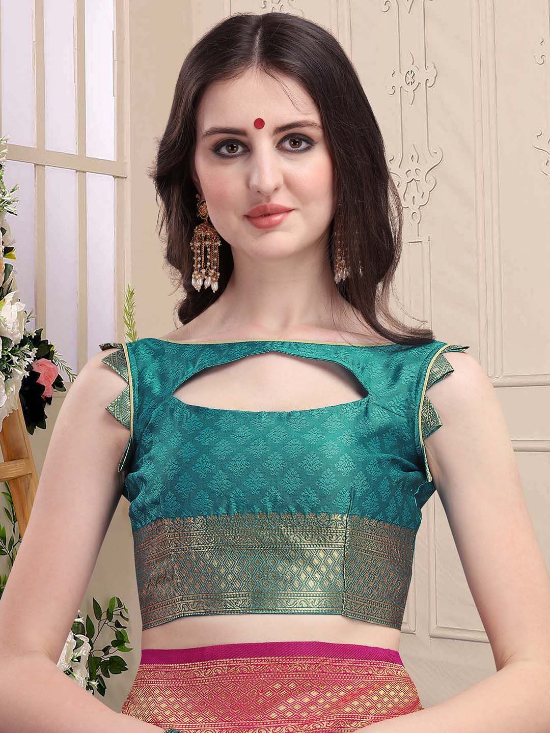 KALINI Green & Pink Ethnic Motifs Zari Silk Blend Half and Half Kanjeevaram Saree