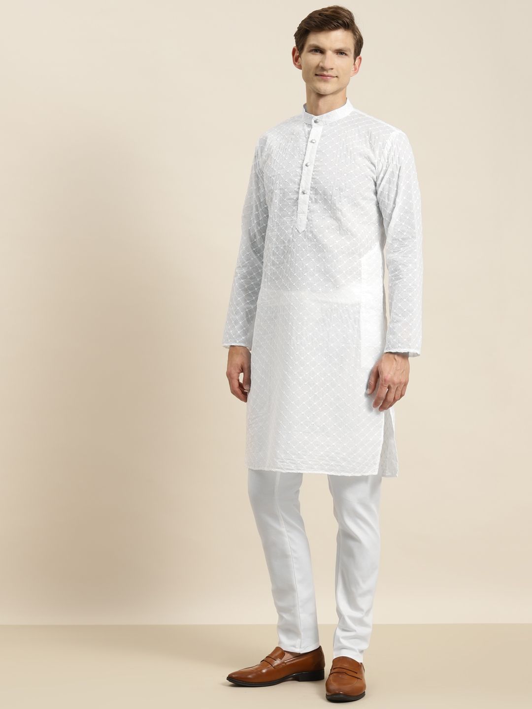 SOJANYA Men White Chikankari Pure Cotton Kurta with Churidar & Nehru Jacket