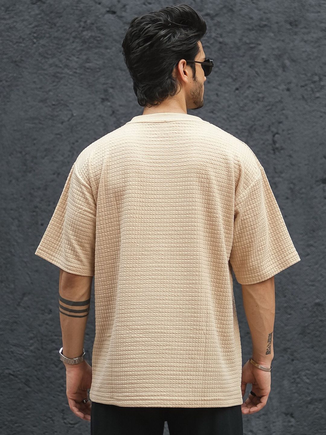 Powerlook Beige Striped Drop-Shoulder Sleeves Oversized T-shirt