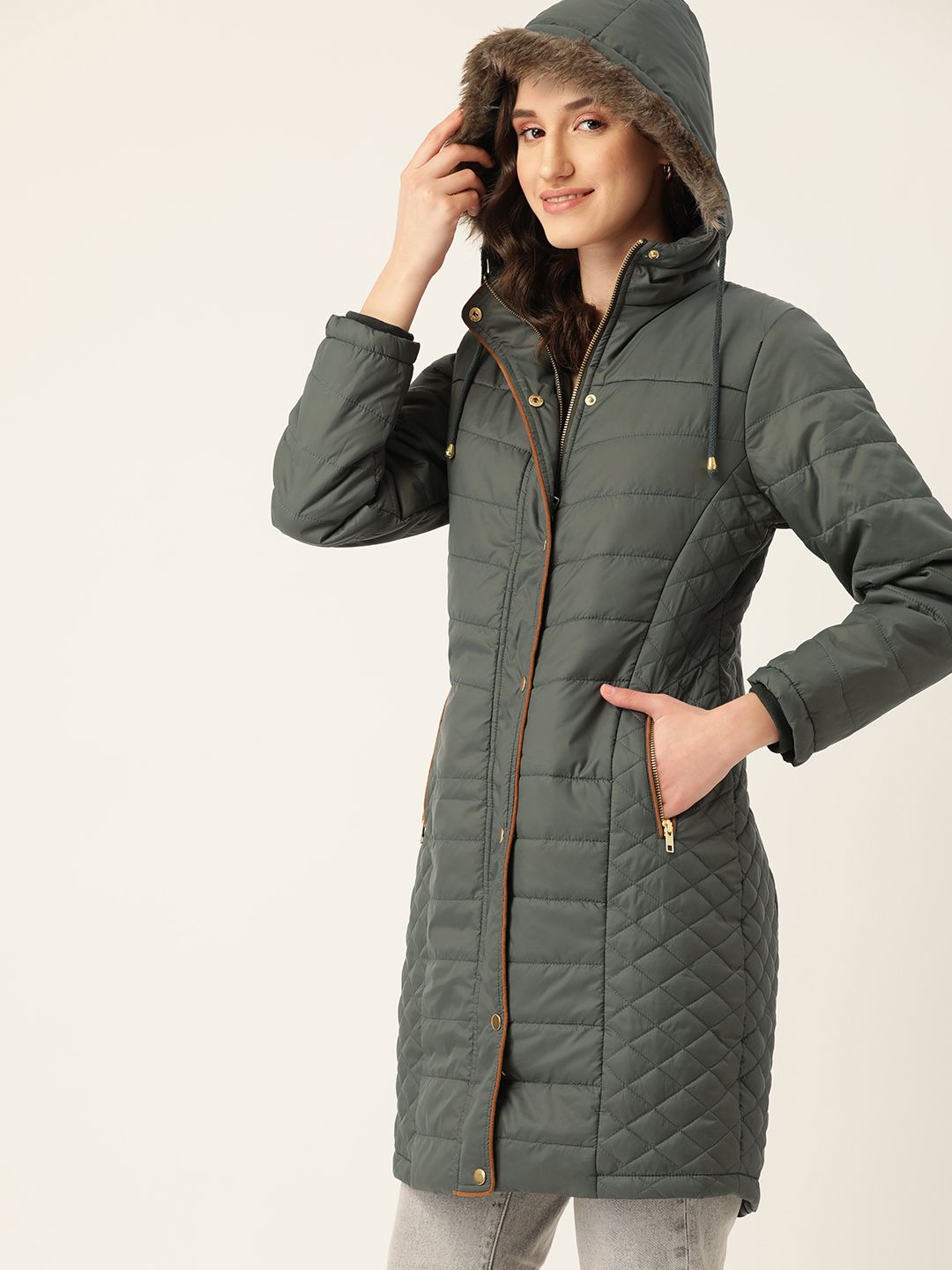 DressBerry Women Olive Green Quilted Longline Hooded Parka Jacket