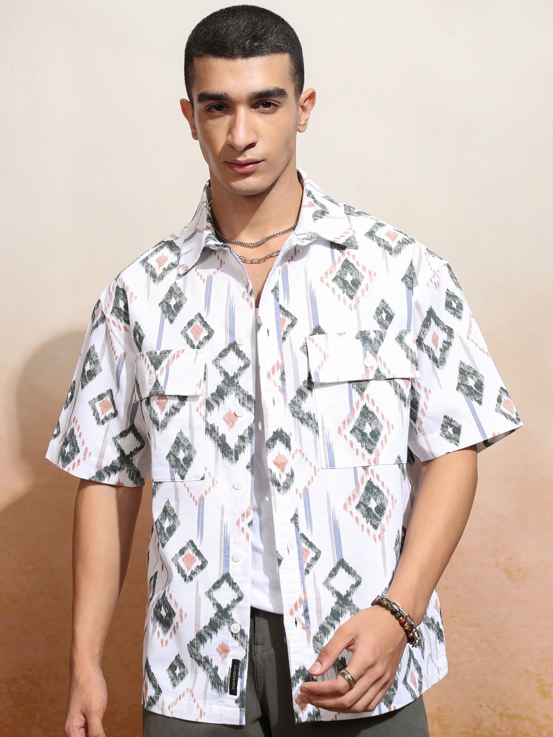 HIGHLANDER Men Cord Textured Checked Utility Pocket Oversized Overshirt
