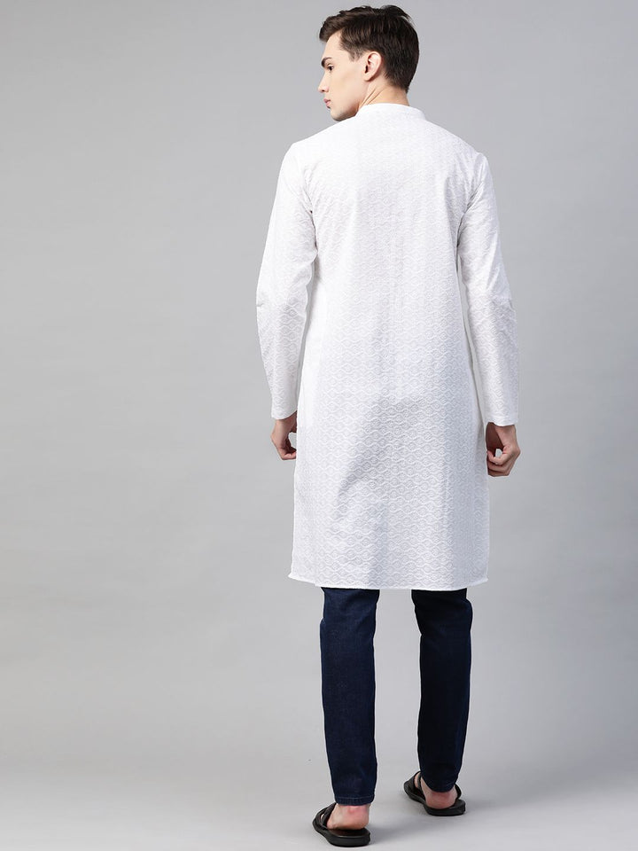See Designs Men White Ethnic Motifs Chikankari Embroidered Straight Kurta