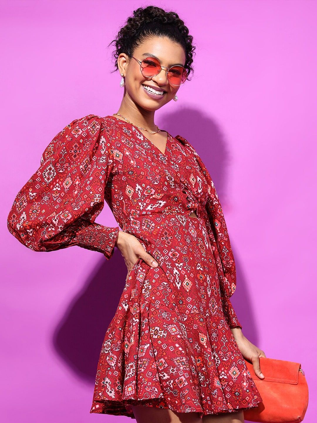 Tokyo Talkies V-Neck Ethnic Motifs Printed Cut Out Mini Fit & Flare Dress