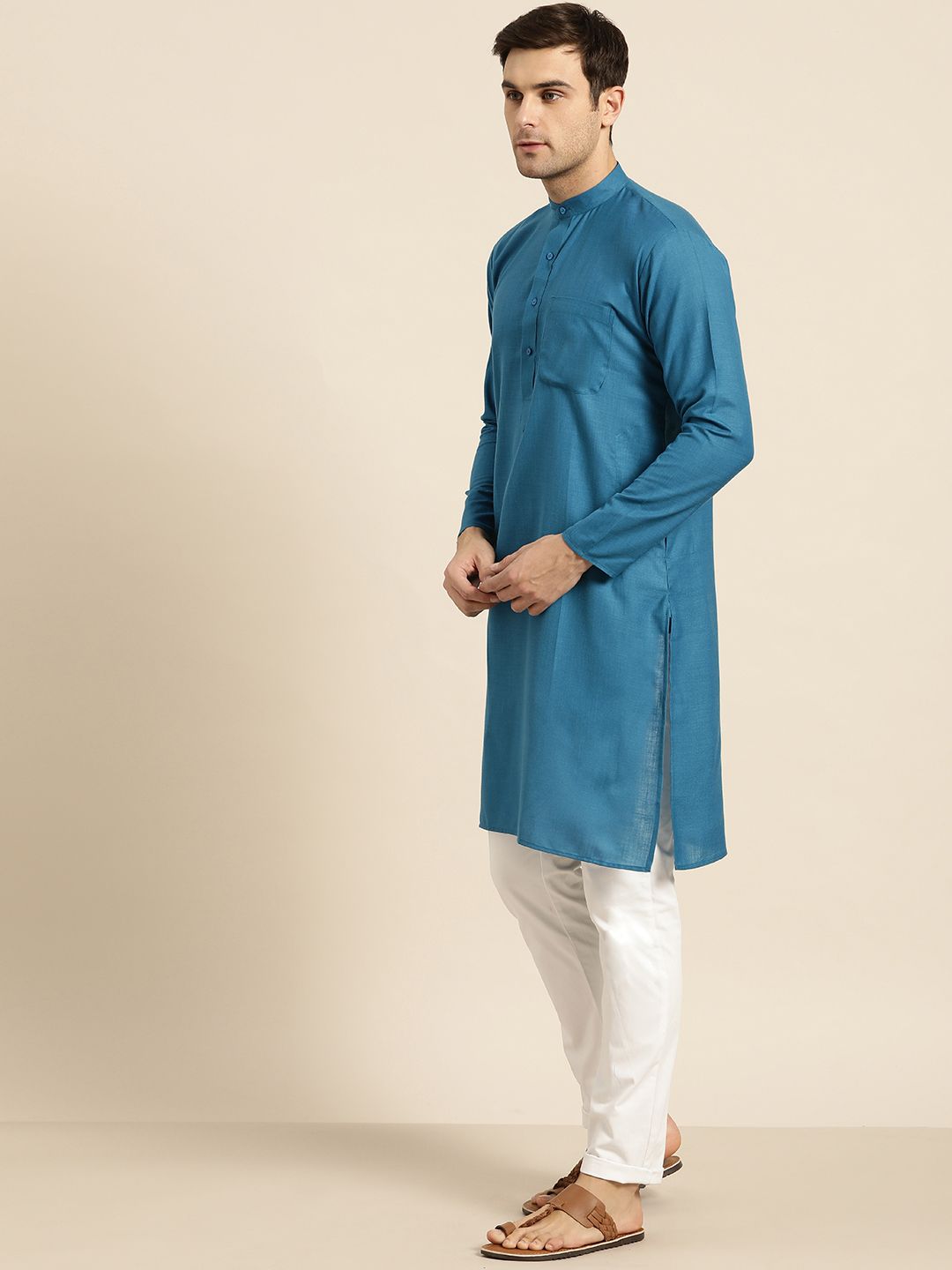 SOJANYA Lelaki Teal Blue Solid Kurta Lurus