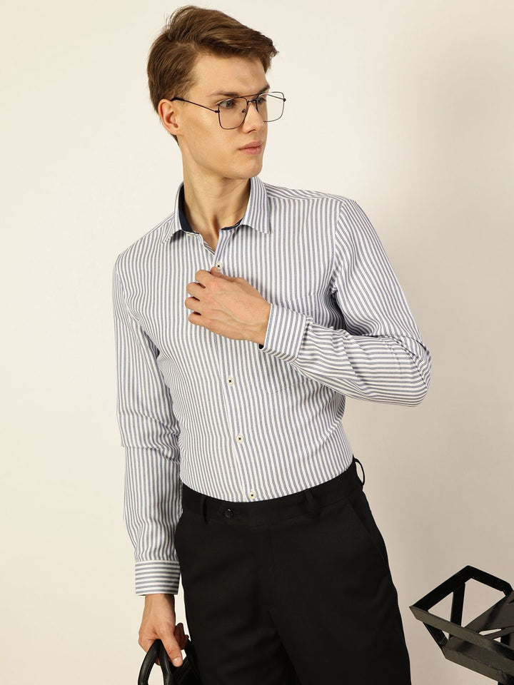 Thomas Scott Men Smart Cutaway Collar Pinstripes Striped Cotton Formal Shirt