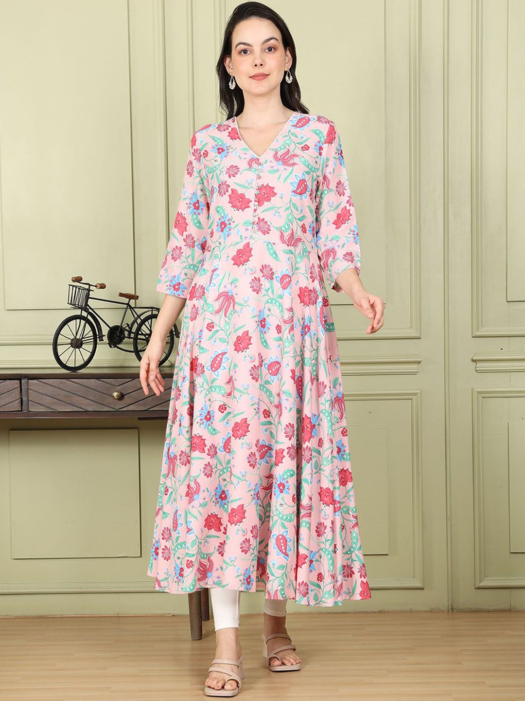 W Women Floral Printed Flared Sleeves Anarkali Kurta