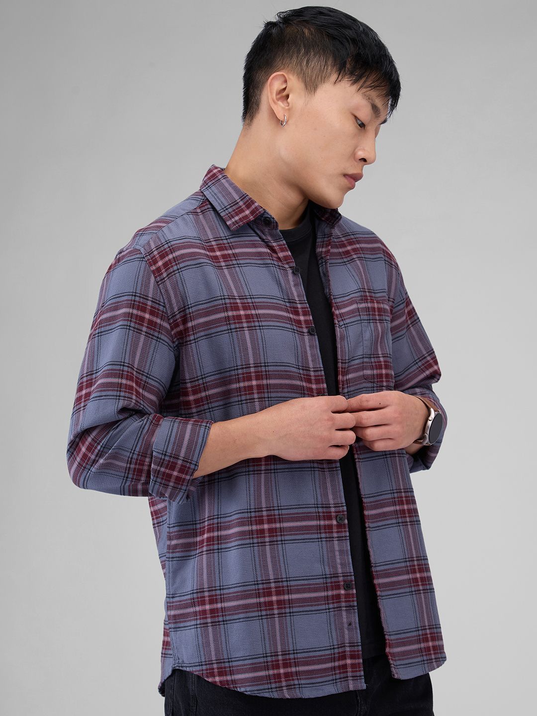 VASTRADO Men Classic Spread Collar Tartan Checked Cotton Slim Fit Casual Shirt