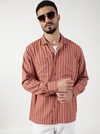Thomas Scott Men Premium Spread Collar Vertical Striped Pure Cotton Slim Fit Casual Shirt