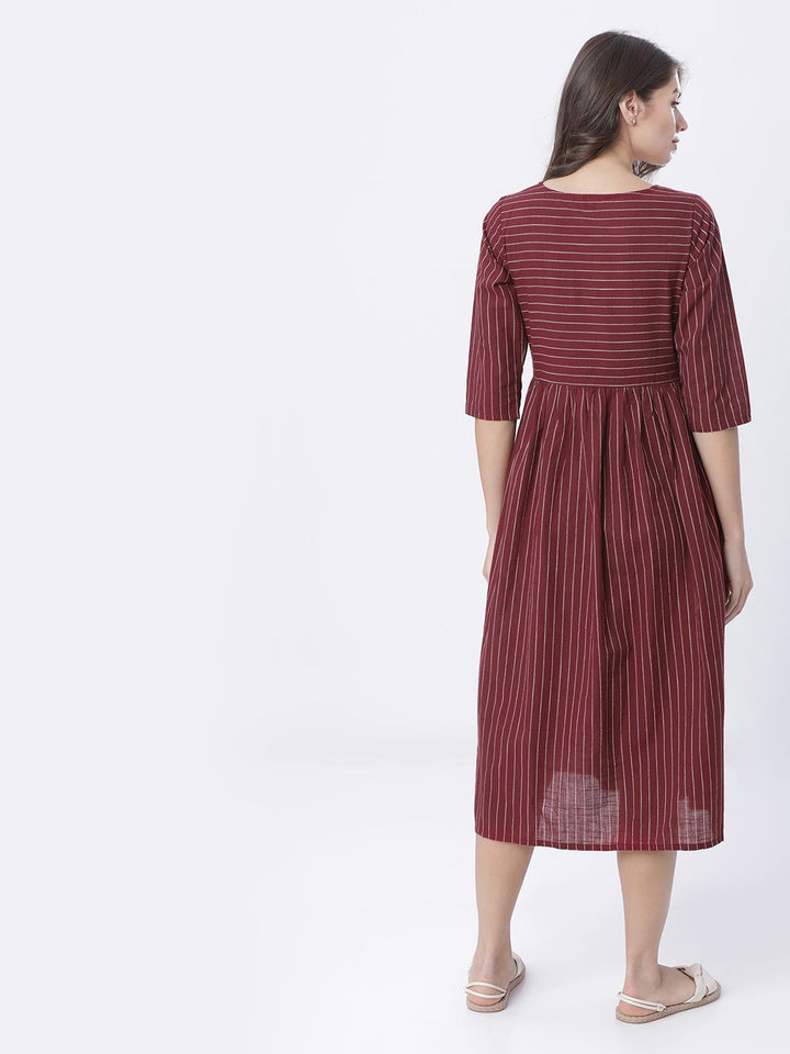 Vishudh Cotton Striped Fit and Flare Midi Dress