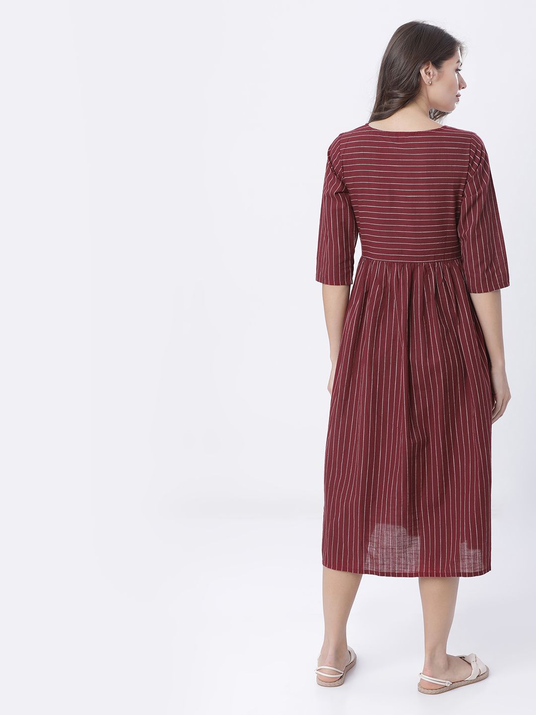 Vishudh Cotton Striped Fit and Flare Midi Dress