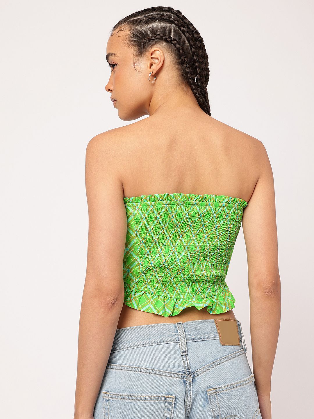 DressBerry Picnic Perfect Checked Ruffled Crop Bardot Top