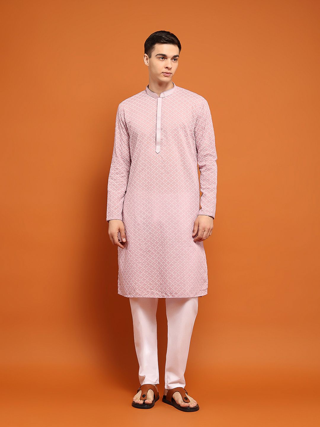 Kurta Sulam Katun Lavender Rumah Chikankari Lelaki