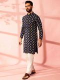 Anouk Ethnic Motifs Printed Band Collar Ikat Technique Cotton Linen Straight Kurta